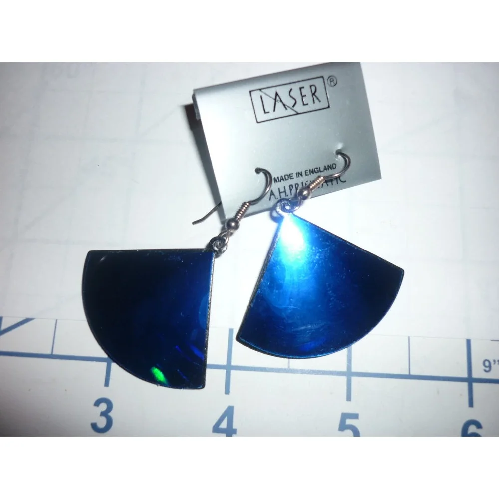 Laser Vintage Cobalt Blue Prismatic Fan Drop Earrings Made in England Retro‎ 80s